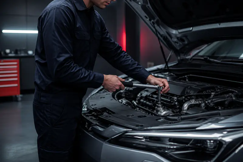 Mecânico da ELLO Auto Mecânica realizando manutenção em veículo dentro da oficina