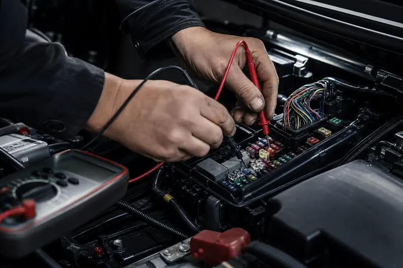 Técnico medindo tensão com multímetro no sistema elétrico de um carro