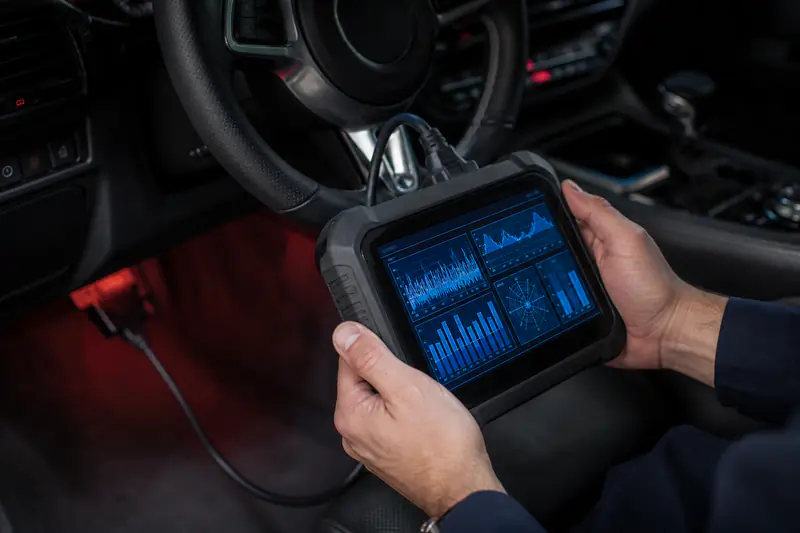 Scanner automotivo conectado ao veículo exibindo dados da injeção eletrônica